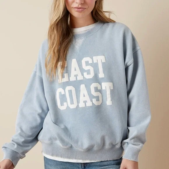 Sweat American Eagle Femme – Taille L – Beige – Col Rond – Graphique Vagues – Polaire